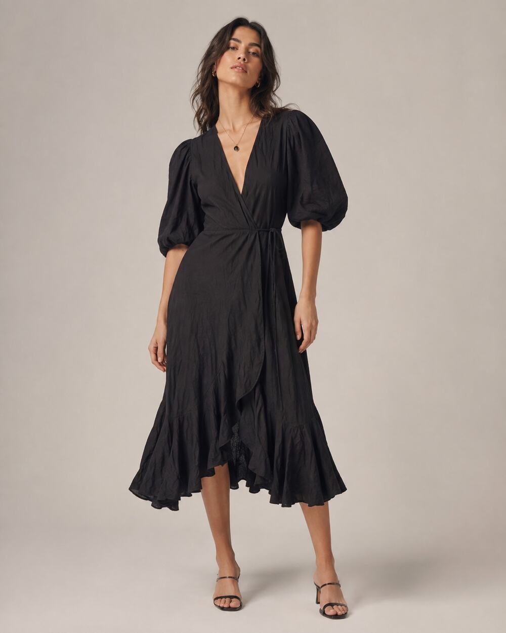 Rhode Black Cotton Puff Sleeve Midi Wrap Dress Womens M Boho Whimsigoth Classic